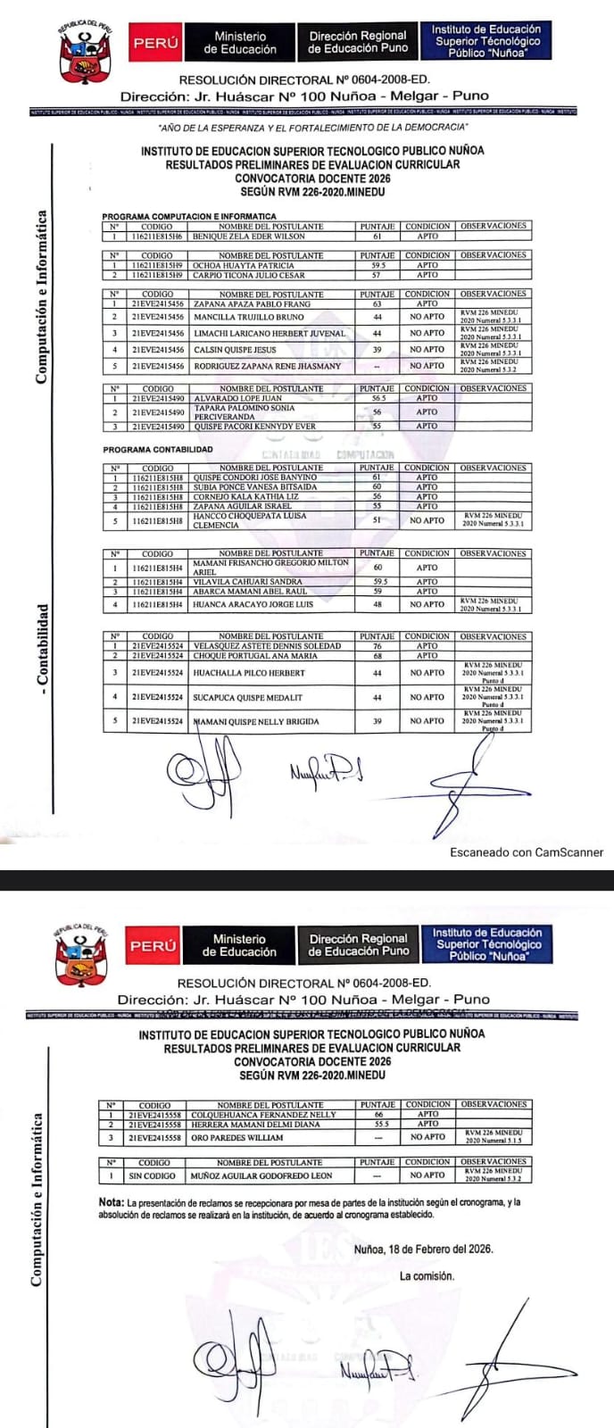 RESULTADOS PRELIMINARES DE LA CONVOCATORIA DOCENTE 2026